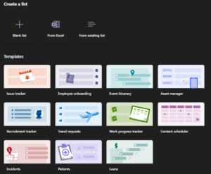 Teams Lists template selection