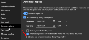 Outlook on the web Automatic replies section