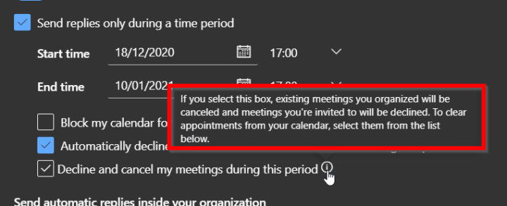 Outlook on the web automatic cancelling feature